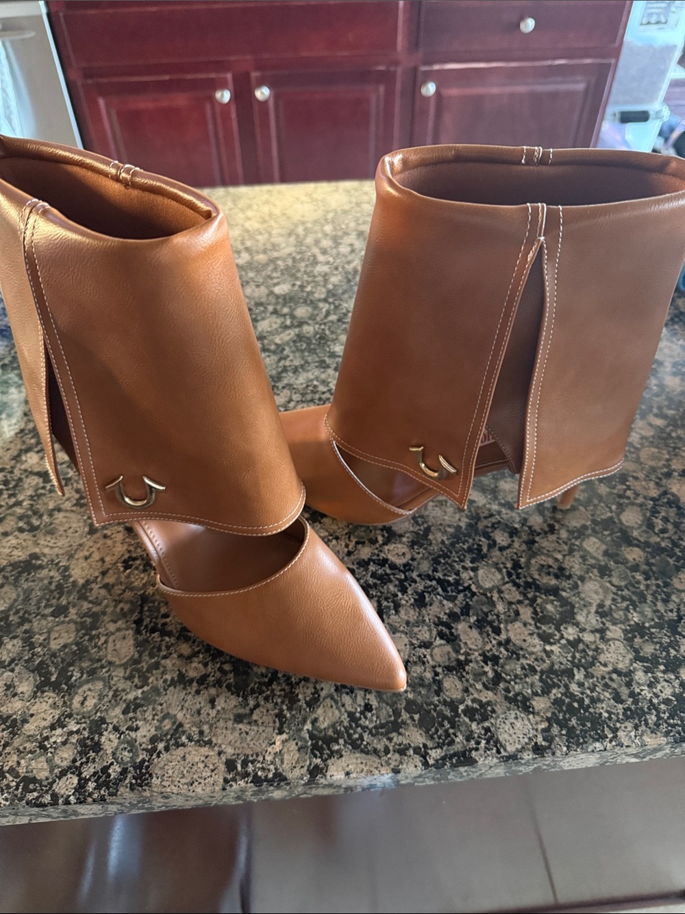 True Religion Brown Pointed-Toe Mid-Calf Heeled Boots